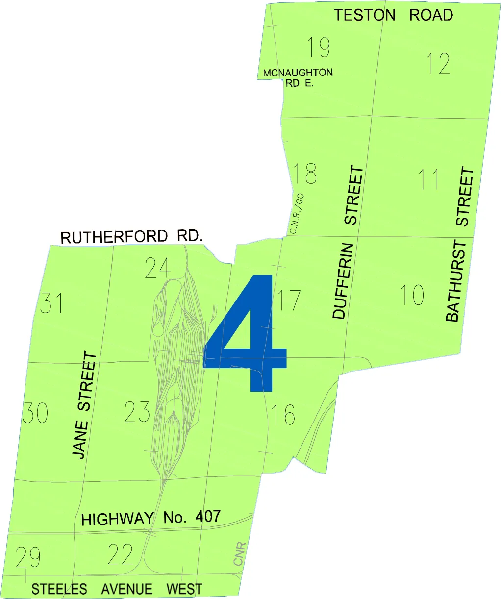Map of City of Vaughan Ward 4, bounded by Teston Road to the north, Steeles Avenue West to the south, Jane Street to the west and Bathurst Street to the east, showing the numbered polling subdivisions within the ward